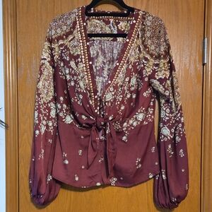 Free People Burgundy Floral Tie-Front Blouse